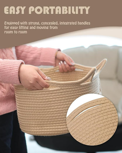 Sea Team Dog Toy Basket with Handles, 16.5 x 11 x 7 Inches, 4.4 Gallons Large Cotton Rope Storage Bin, Box, Shelf Organizer for Pet Chew Toys, Foods, Beige Woof