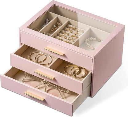 pickpiff Jewelry Box Organizer Case for Women: 3-Layer Jewelry Storage Case with Glass Window, Pink Leather with Velvet Holder for Ring Necklace Bracelet Brooch Watch, Great Gift for Her