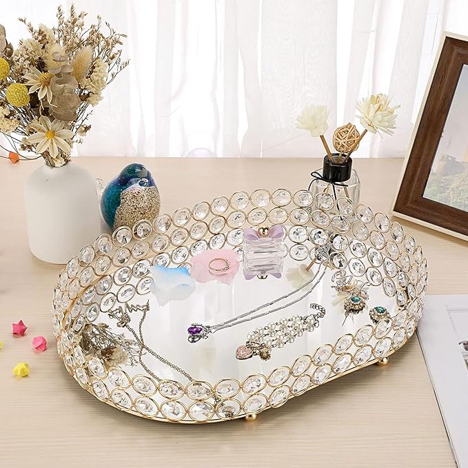 Hipiwe Crystal Vanity Tray Mirrored Dresser Perfume Trays for Makeup Tray Cosmetic Skin Care Storage, Jewelry Trinket Organizer Tray for Bathroom Countertop Home Decor (Large, Gold)
