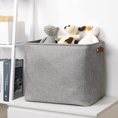 DULLEMELO Large Collapsible Storage Basket/Bin with Sturdy Leather Handles, Fabric Organizer Bin for Storage Clothes, Toys, Books, Office, Bedroom, Closet, Nursery & Laundry (Gray)
