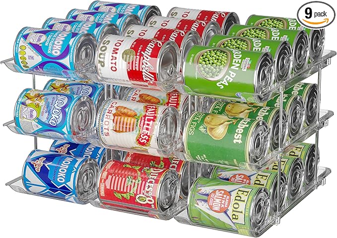 Stackable 3-Tier Can Organizer for Pantry & Fridge – Clear Auto-Rolling Rack Holds 36 Cans | Space-Saving Storage for Soda & Canned Food (3 Interlocking Sets)