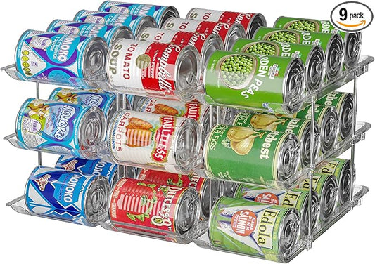 Stackable 3-Tier Can Organizer for Pantry & Fridge – Clear Auto-Rolling Rack Holds 36 Cans | Space-Saving Storage for Soda & Canned Food (3 Interlocking Sets)