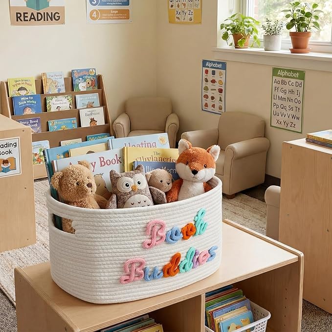 Threehoney Book Buddies Basket Preschool Book Toy Storage Basket with Handle Woven Cotton Rope Organizer for Back to School Kindergarten Preschool Classroom Graduation 15 x 10 x 9 Inches(Multicolored)