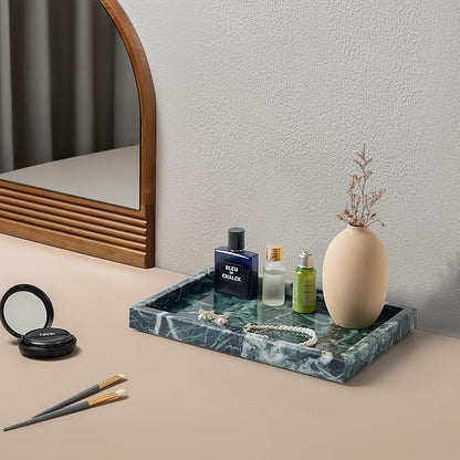 Real Natural Marble Tray for Bathroom, Vanity, Kitchen and Desktop, Rectangle Genuine Marble Stone Tray for Jewelry, Cosmetics, Candles, Lotion, Perfume (Snowflake-Green, 12" x 8" x 1.2")