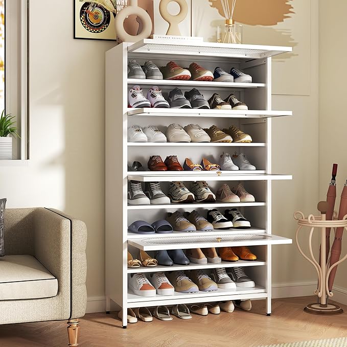Foreate 8-Tier Tall Shoe Storage Cabinet with 4 Flip-Up Doors & Removable Shelves, 54” Metal Cabinet Shoe Rack Organizer for 24-32 Pair Shoes, Freestanding Modern Entryway Shoe Cabinet, PC Door