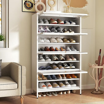 Foreate 8-Tier Tall Shoe Storage Cabinet with 4 Flip-Up Doors & Removable Shelves, 54” Metal Cabinet Shoe Rack Organizer for 24-32 Pair Shoes, Freestanding Modern Entryway Shoe Cabinet, PC Door