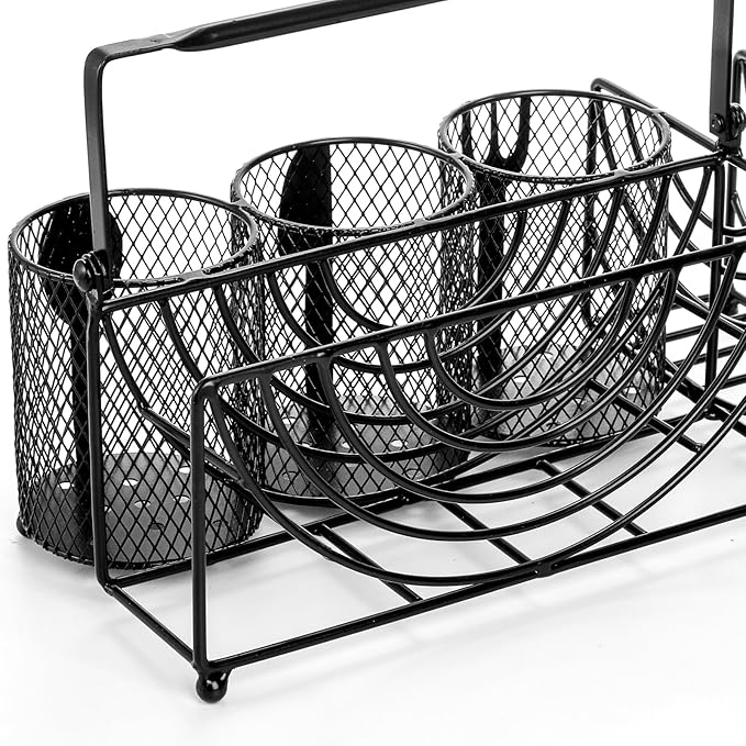 Metal Utensil Caddy with 5 Compartments, Black Mesh Silverware Caddy Organizer, Flatware Storage Holder for Napkins, Plates, Party, Camping, Picnic, Buffet, RV, BBQ, Kitchen, Countertop