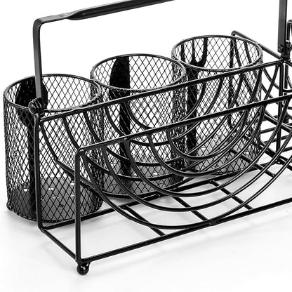 Metal Utensil Caddy with 5 Compartments, Black Mesh Silverware Caddy Organizer, Flatware Storage Holder for Napkins, Plates, Party, Camping, Picnic, Buffet, RV, BBQ, Kitchen, Countertop