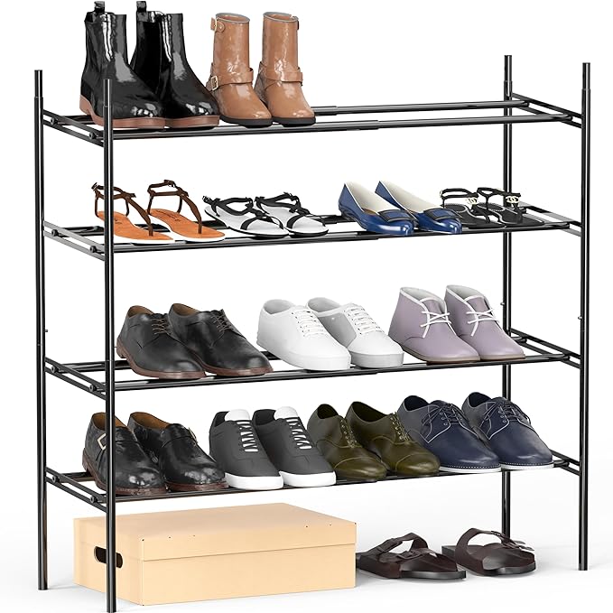 Simple Houseware Space-Saving 4-Tier Shoe Rack - Expandable & Stackable Metal Footwear Organizer for Entryway or Closet, Black