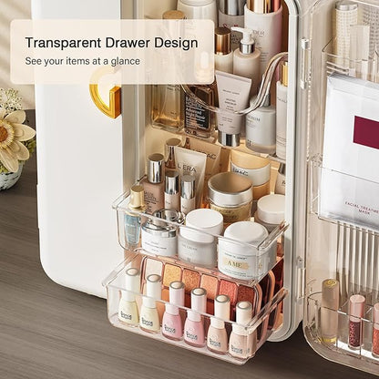SEE SPRING Makeup Organizer for Vanity, Large Capacity Skincare Organizers and Storage with Drawers, Dustproof Cosmetic Display Case for Bathroom Countertop, Trendy Teen Girl Gifts, White