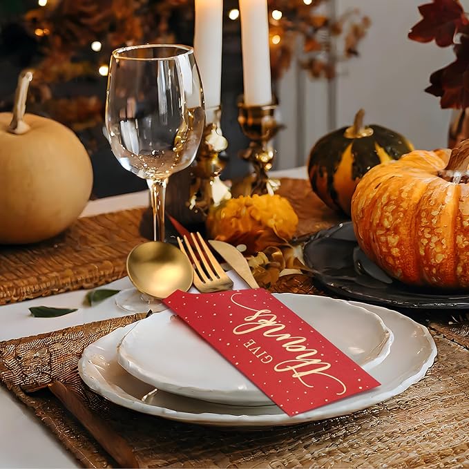 Eaasty 100 Pcs Thanksgiving Utensil Holder, Gold Foil Give Thanks Silverware Bag Disposable Silverware Sleeves Cutlery Holder for Thanksgiving Table Decoration Fall Harvest Party Supplies(Dark Red)