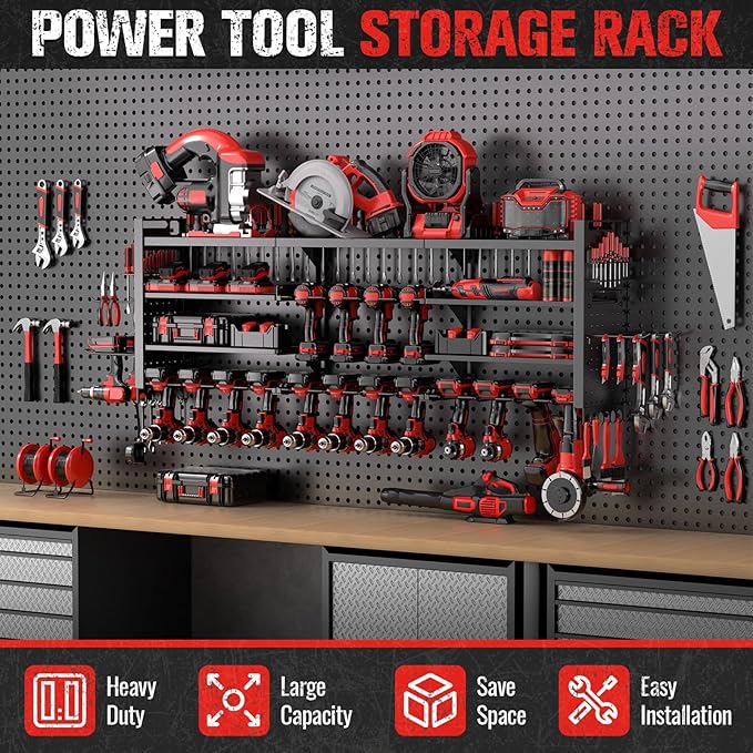49.8" W Super Large Power Tool Organizer Wall Mount,4-Layer Heavy Duty Tool Storage with 18 Cordless Drill Holder,600 lb Capacity Garage Organization for Garage and Workshop (Black)