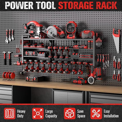 49.8" W Super Large Power Tool Organizer Wall Mount,4-Layer Heavy Duty Tool Storage with 18 Cordless Drill Holder,600 lb Capacity Garage Organization for Garage and Workshop (Black)