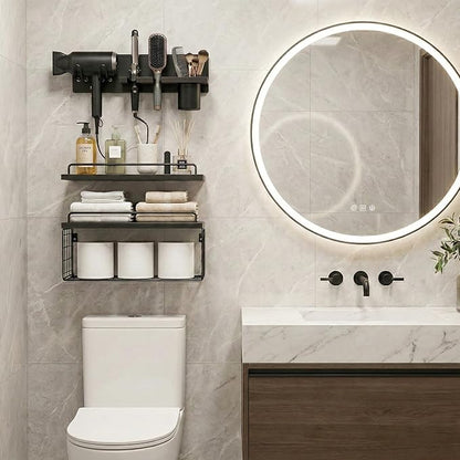3-Tier Bathroom Floating Shelves with Curling Iron Holder & Hair Tool Organizer, Wall Mounted Rustic Wood Storage Rack Over Toilet with Hair Dryer Holder for Bathroom Decor & Organization