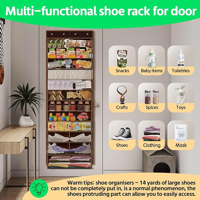 PAULONE 12 Pocket Over the Door Shoe Organizer,Reusable Breathable Large Mesh Bag Men's & Women's Sneaker Organizer,Shoe Organizer for Kids,Hanging Shoe Storage Hanging Bag (Coffee brown)