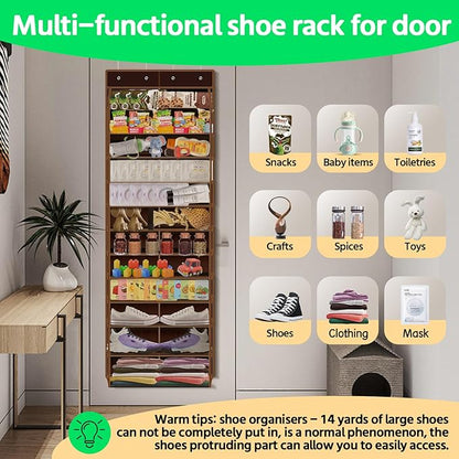 PAULONE 12 Pocket Over the Door Shoe Organizer,Reusable Breathable Large Mesh Bag Men's & Women's Sneaker Organizer,Shoe Organizer for Kids,Hanging Shoe Storage Hanging Bag (Coffee brown)