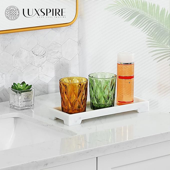 Luxspire Bathroom Vanity Tray, Resin Toilet Tank Tray, Kitchen Trays, 11" x 4" Rectangle Bathroom Tray for Counter, Marble Tray for Soap Dispenser Perfume Jewelry, Small, White Marble