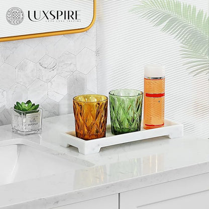 Luxspire Bathroom Vanity Tray, Resin Toilet Tank Tray, Kitchen Trays, 11" x 4" Rectangle Bathroom Tray for Counter, Marble Tray for Soap Dispenser Perfume Jewelry, Small, White Marble