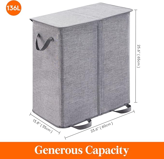 Lifewit Double Laundry Hamper with Lid and Removable Laundry Bags, Large Collapsible 2 Dividers Dirty Clothes Basket with Handles for Bedroom, Laundry Room, Closet, Bathroom, College, 136L Gray