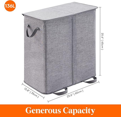 Lifewit Double Laundry Hamper with Lid and Removable Laundry Bags, Large Collapsible 2 Dividers Dirty Clothes Basket with Handles for Bedroom, Laundry Room, Closet, Bathroom, College, 136L Gray