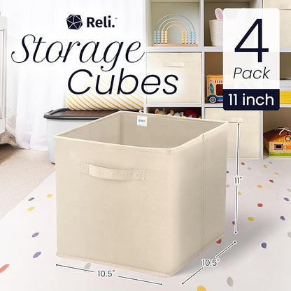 Reli. 11 Inch Cube Storage Bins (4 Pack) | Cube Organizer Bins | 11x11 Fabric Storage Boxes | Collapsible, Foldable Fabric Cubby Box (Square) | Kids Room Organization (Beige)