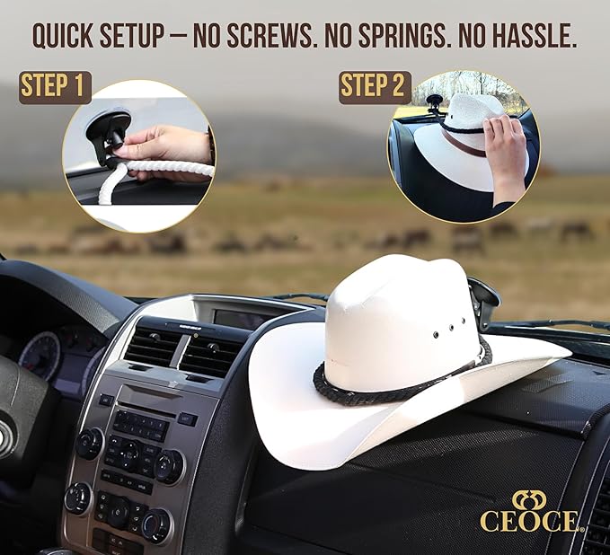 Car Cowboy Hat Holder for Truck – Easy-to-Use, Cotton Rope, Strong Suction Car Hat Holder Cowboy, Western Style – Keeps Gear Safe from Damage. (3-Pack)