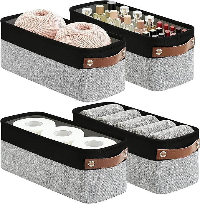 Bagnizer Small Fabric Storage Baskets, 15x6x5 inch Narrow Storage Bins 4-Pack Long Storage Basket for Organizing with Handles, Decorative Basket for Closets, Shelves, Toilet Paper, Grey