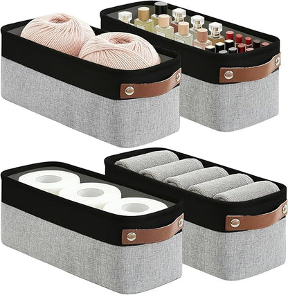 Bagnizer Small Fabric Storage Baskets, 15x6x5 inch Narrow Storage Bins 4-Pack Long Storage Basket for Organizing with Handles, Decorative Basket for Closets, Shelves, Toilet Paper, Grey