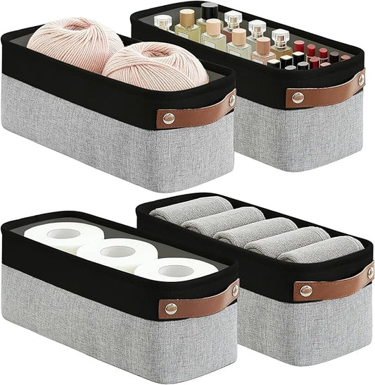 Bagnizer Small Fabric Storage Baskets, 15x6x5 inch Narrow Storage Bins 4-Pack Long Storage Basket for Organizing with Handles, Decorative Basket for Closets, Shelves, Toilet Paper, Grey