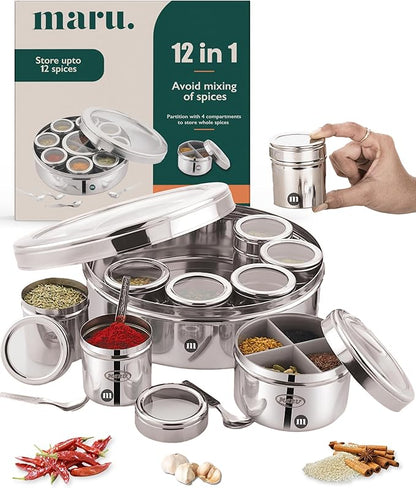 MARU 12 IN 1 Stainless Steel Indian Masala Box with See Through Lids, Elegant Spice box, Masala Dabba with 9 Spice Containers & 4 spoons for Kitchen Rack Organizer, Spice Storage Container for Kitchen