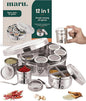 MARU 12 IN 1 Stainless Steel Indian Masala Box with See Through Lids, Elegant Spice box, Masala Dabba with 9 Spice Containers & 4 spoons for Kitchen Rack Organizer, Spice Storage Container for Kitchen
