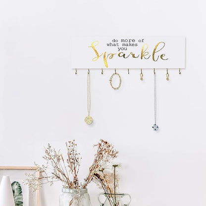 SANY DAYO HOME Do More of What Makes You Sparkle Wall Mount Necklace Holder Organizer with 9 Jewelry Hooks for Ring, Hair Bow, Headband, Purse - Wall Decor for Girls Room