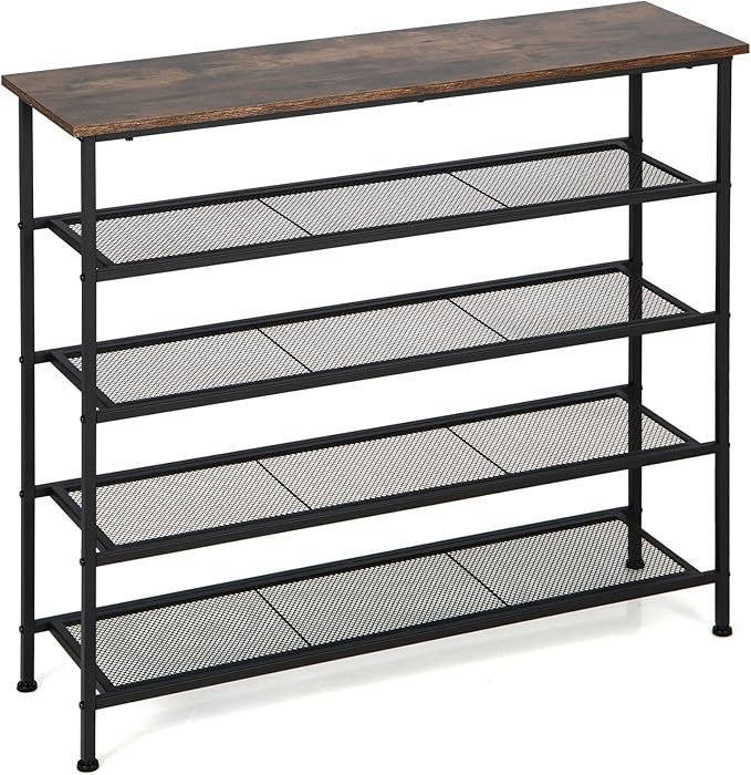 Tangkula 5-Tier Metal Shoe Rack, Freestanding Shoe Storage Organizer with Flat Mesh Shelf & Wooden Top for 16-20 Pairs, Industrial Shoe Storage Rack for Entryway, Hallway, Living Room, Rustic Brown