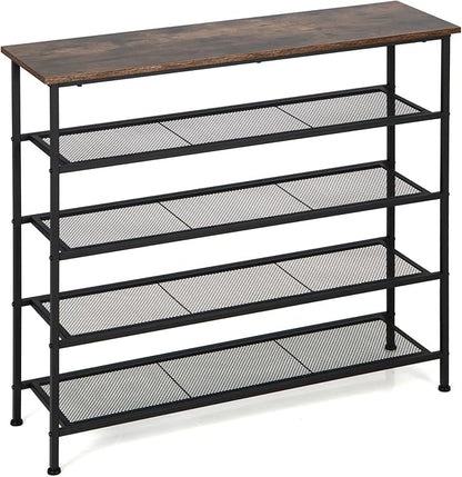 Tangkula 5-Tier Metal Shoe Rack, Freestanding Shoe Storage Organizer with Flat Mesh Shelf & Wooden Top for 16-20 Pairs, Industrial Shoe Storage Rack for Entryway, Hallway, Living Room, Rustic Brown