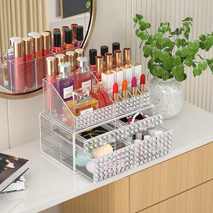 Awenia 2 Pack Makeup Organizer with Drawers[Upgraded]-Acrylic Make up Organizers and Storage Case for Cosmetics,Brush,Perfume,Jewelry Display, Vanity and Bathroom Accessories
