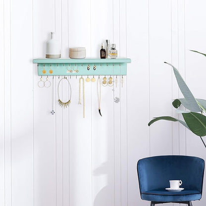 SANY DAYO HOME Jewelry Organizer with 30 Hooks and Cosmetics Shelf, 15 x 3 x 4 inches Wall Mounted Rustic Pine Wood Holder for Necklaces and Bracelets, Suitable for Kids and Adults (Aqua)