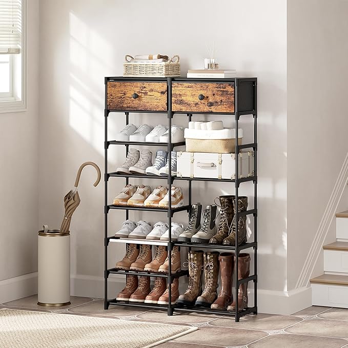 Tall Shoe Rack, 8 Tier Shoe Rack Organizer with 2 Large Drawers, Shoe Storage for 28-32 Pairs, Sturdy Metal Shoe Shelf Shoe Stand for Closet Entryway, Rustic Brown and Black