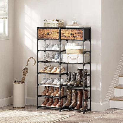 Tall Shoe Rack, 8 Tier Shoe Rack Organizer with 2 Large Drawers, Shoe Storage for 28-32 Pairs, Sturdy Metal Shoe Shelf Shoe Stand for Closet Entryway, Rustic Brown and Black