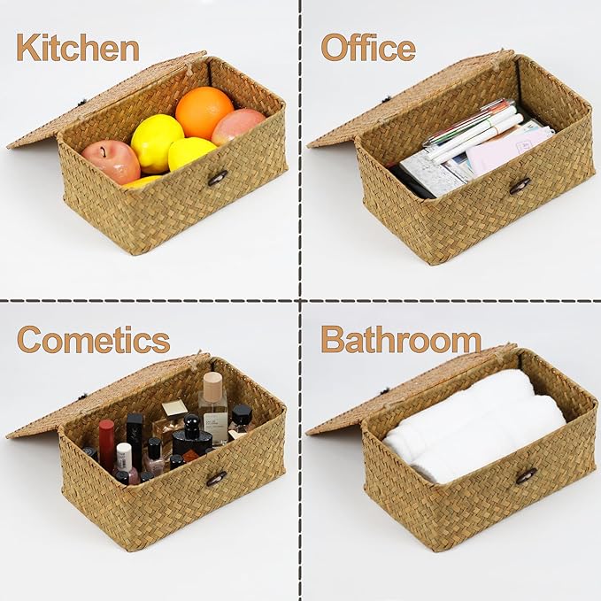 Wicker Basket with Lid, Natural Seagrass Storage Baskets for Organizing, Woven Basket for Storage, Decorative Boxes Bins with Lids Home Organizer Decor (‎Natural, Small)