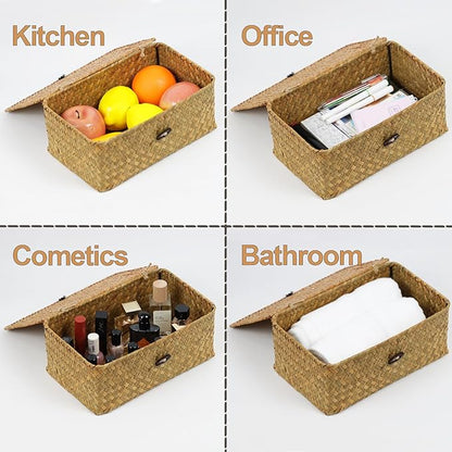 Wicker Basket with Lid, Natural Seagrass Storage Baskets for Organizing, Woven Basket for Storage, Decorative Boxes Bins with Lids Home Organizer Decor (‎Natural, Small)