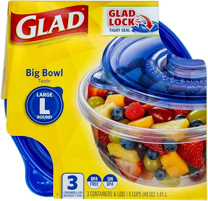 Glad GladWare Big Bowl Food Storage Containers with Lids, Large Round BPA Free Plastic Containers for Soups, Salads, and Meal Prep, Lock Tight Seal, Microwave Dishwasher Safe, 48 Oz, 3 Count - 6 Pack