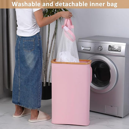 iEGrow 65L Slim Laundry Hamper, Narrow Laundry Basket with Lid,Foldable Clothes Hamper with Bamboo Handles,Hamper Basket with Removable Inner Bag for Laundry Room Bedroom College Dorm,17.17 Gals Pink