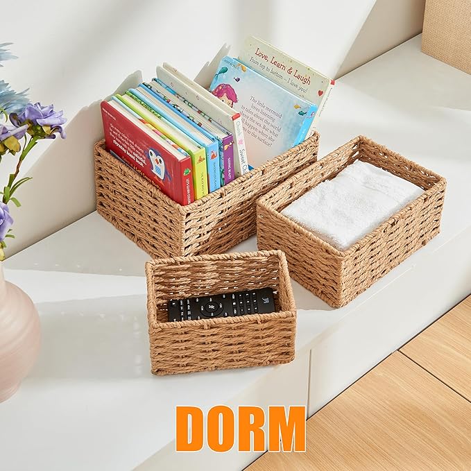 Small Wicker Basket for Organizing, Woven Storage Basket Set of 3 - Handwoven Natural Paper Rope Baskets to Declutter Any Room, Perfect for Organizing and Home Decor