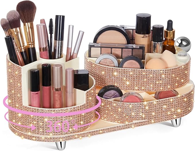 Teen Girls Mother's Day 360 Rotating Bling Makeup Organizer Gift Rhinestone Diamond Bathroom Organizer Girly Skin Care Brush Holder for Countertop, Bathroom Essentials(Champagne,Rhinestone)