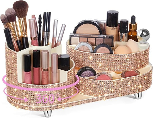 Teen Girls Mother's Day 360 Rotating Bling Makeup Organizer Gift Rhinestone Diamond Bathroom Organizer Girly Skin Care Brush Holder for Countertop, Bathroom Essentials(Champagne,Rhinestone)