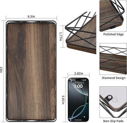 Lixple Toilet Paper Basket Holder, 13" Toilet Tank Tray, Wood and Metal Toilet Tray Vanity Organizer Bathroom Tray, Kitchen Sink Organizer for Soap Dispenser (Brown+Black)