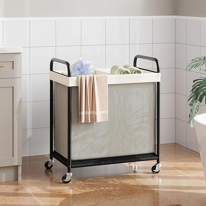 ELYKEN Laundry Hamper 2 Section, 100L Rolling Laundry Sorter with Removable Liner Bag, Laundry Basket with Wheels, Steel Frame with Metal Handle, Clothes Hamper Cart for Laundry Room & Bedroom