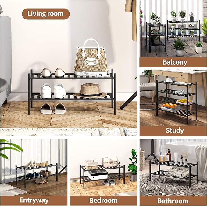 Bamboo Shoe Rack Stackable Shoe Shelf Storage Organizer for Unit Entryway Hallway and Closet Sturdy Freestanding Shoe Shelf(2 Tier Black)