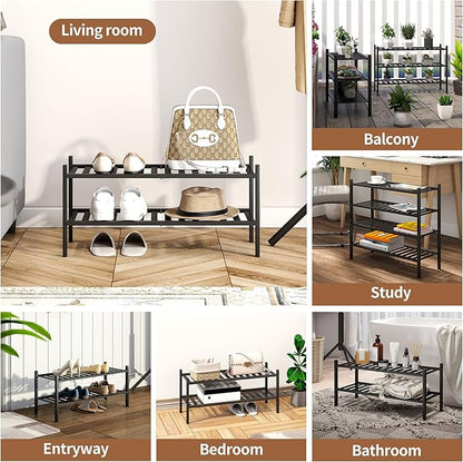 Bamboo Shoe Rack Stackable Shoe Shelf Storage Organizer for Unit Entryway Hallway and Closet Sturdy Freestanding Shoe Shelf(2 Tier Black)