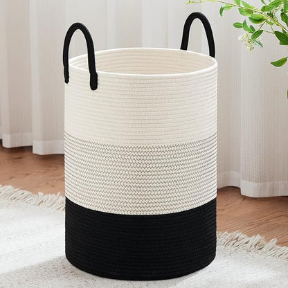 VIPOSCO Large Laundry Hamper, Tall Woven Rope Storage Basket for Blanket, Toys, Dirty Clothes in Living Room, Bathroom, Bedroom - 100L White & Black